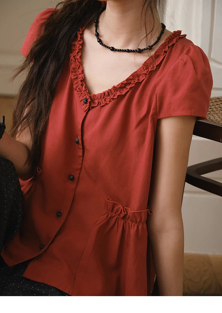 MISHOW Women's Summer Clothes 2025 Fashion Mushroom Edge V-neck Blouse Office Lady Casual Short Sleeve Button Top MXE38X1867