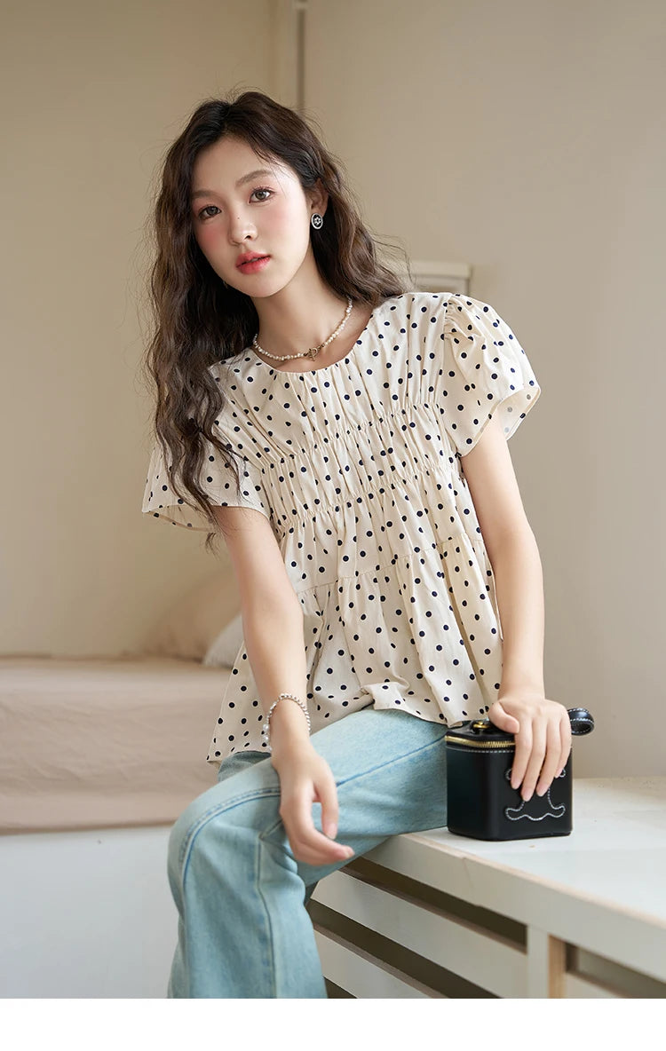 MISHOW Polka Dot Blouses for Women 2025 Summer French Flying Sleeve O Neck Elastic Folds Loose Retro Female Doll Top MXC39X1291