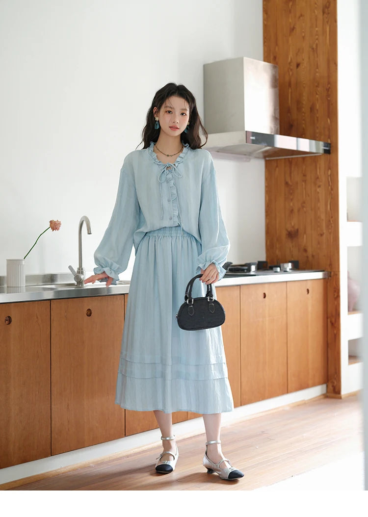 MISHOW Women's Light Blue Striped Linen Suit 2025 Autumn Fungus Edge V-neck Lace-up Shirt Elastic Waist Skirt Two pcs MXE41T0700