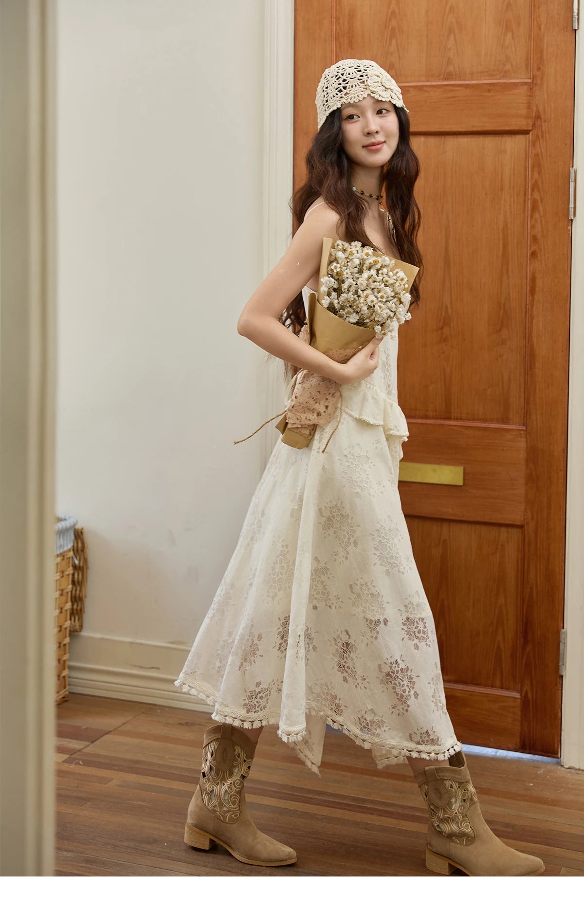 MISHOW Bohemian Apricot Lace Camisole Inner Dress Autumn Irregular Ruffle Tassel Hem Dresses Front Side Fork Dress MXE43L2449