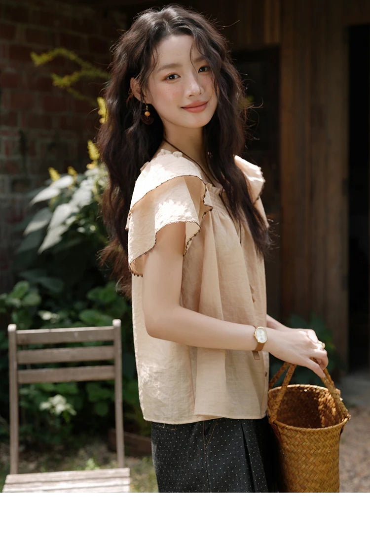 MISHOW Women's Fashion Butterfly Sleeve Blouse Summer 2025 New Loose Casual Square Neck Button Top Women's Clothing MXE37X1854