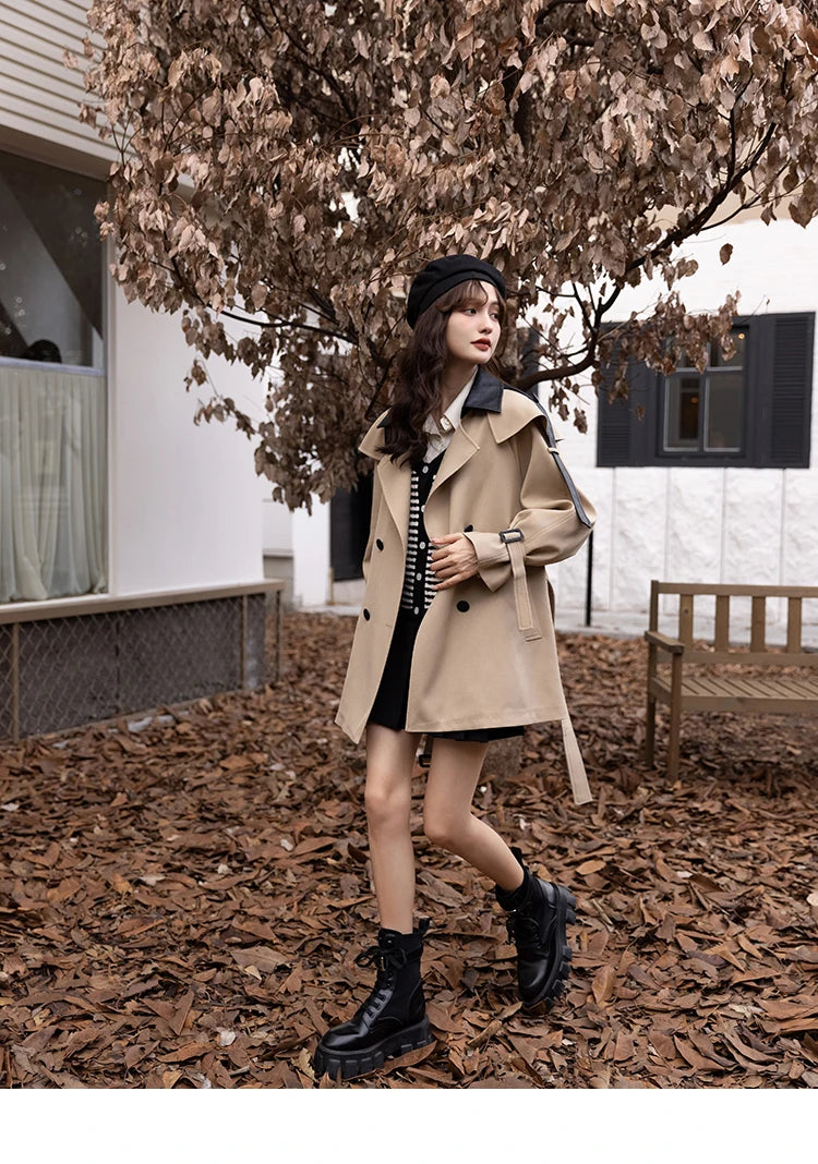 MISHOW Trench Coats for Women Autumn Korean Office Lady Polo Collar Patchwork Long Mid-length Jacket Female Outerwear MXB33W0399