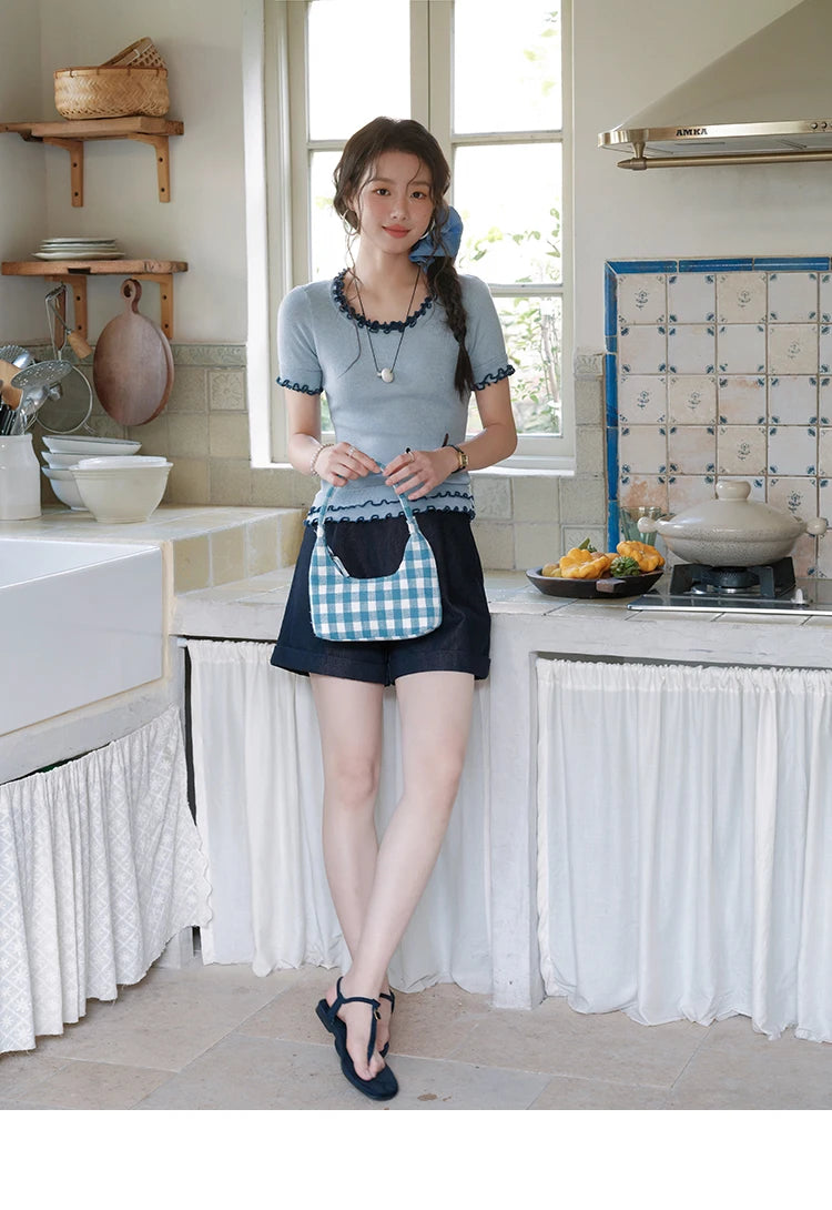 MISHOW Women's Round Neck Knit T-shirt Summer 2025 Fashion Ear Edge Short Top Casual Short Sleeve Tee Female Clothing MXE32Z1233