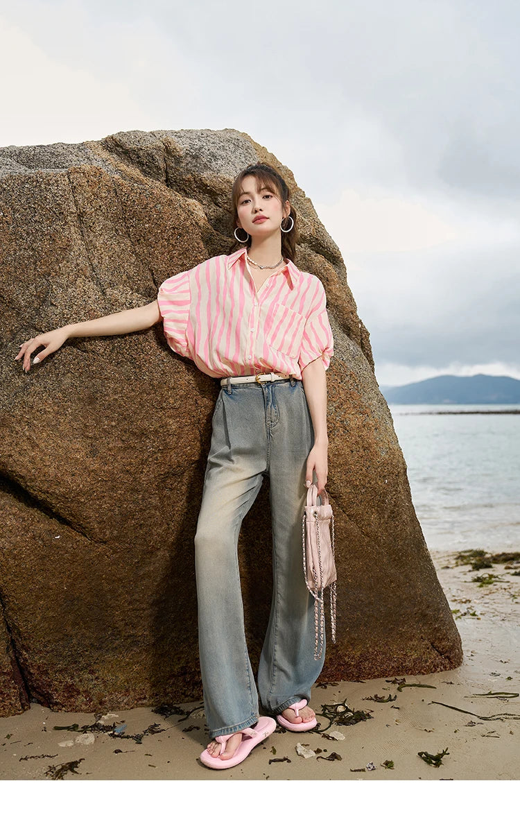 MISHOW Women's Striped Shirt 2023 Summer Korean Loose Puff Sleeve Polo Neck Pocket Casual Tops STRAIGHT Office Lady MXC38C0072