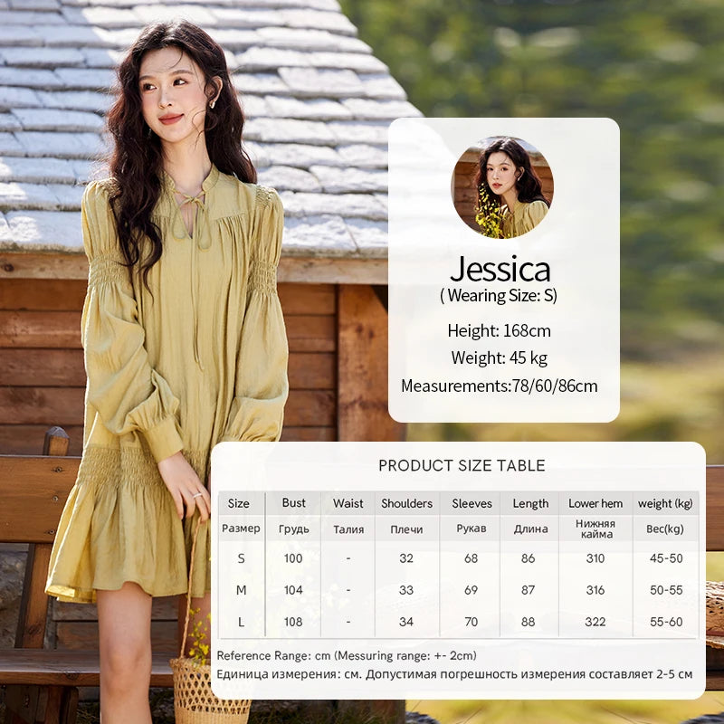 MISHOW Folded Lace Up Dress for Women Spring 2025 Solid V-neck Loose Chiffon Doll Dress Puff Sleeve Knee-Length Dress MXE11L2113