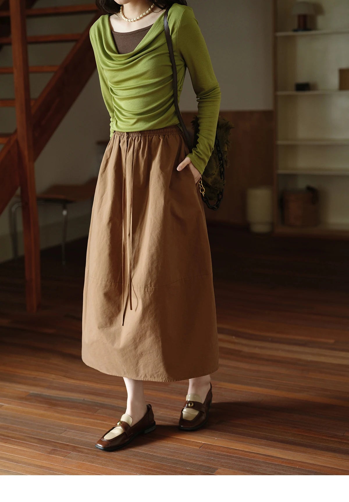 MISHOW Autumn Brown Cotton Bud Skirt 2025 Autumn Elastic Drawstring High Waist Slim A-line Casual Skirt with Pocket MXE41B2367