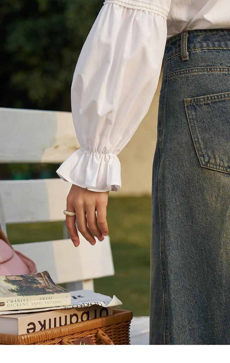 MISHOW French Organ Pleated V-neck Shirt 2025 Autumn Petal Patchwork Ruffle Sleeve Solid Pearl Single Breasted Tops MXD13X1354