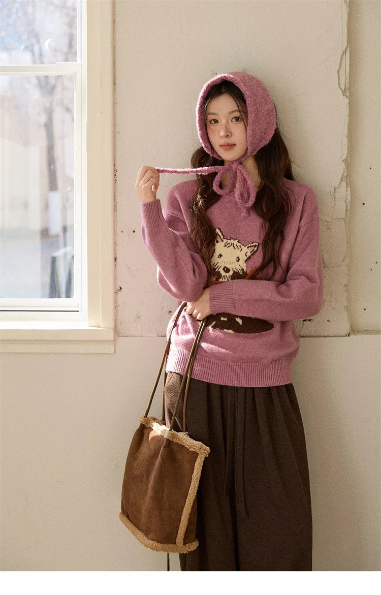 MISHOW Women's Jacquard Dog Thick Sweater Winter Purple Arctic Fleece Loose Soft Knitted Tops (Headband Not Included) MXE88Z2599