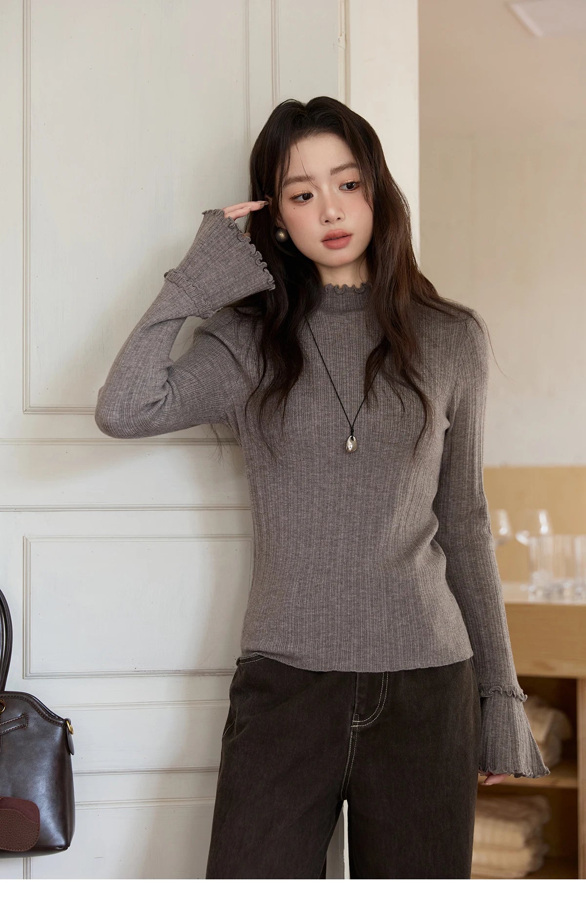 MISHOW Women's Long Sleeve Top 2025 Autumn New Casual Solid Turtleneck Slim Knit Wood Ear Edge Trumpet Sleeve Top MXE51Z2552