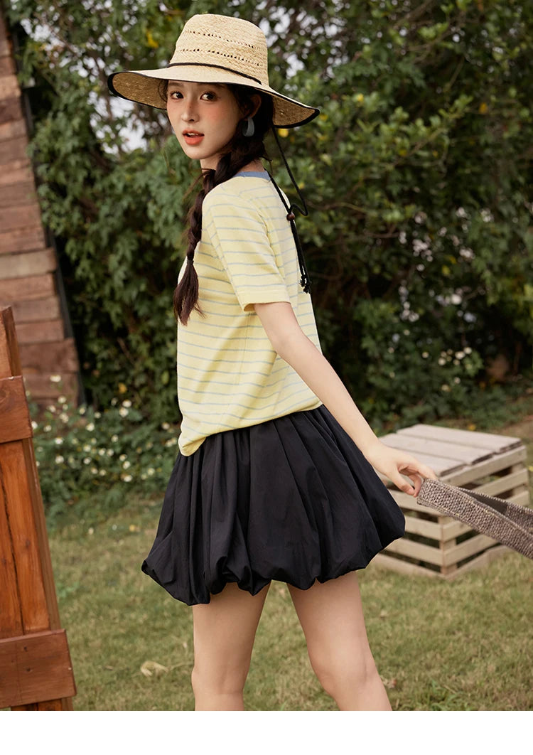 MISHOW Striped Knitted T-shirt for Women Summer 2025 Color Contrasting Round Neck Tees Wool Blended Slim Casual Top MXE35Z1270