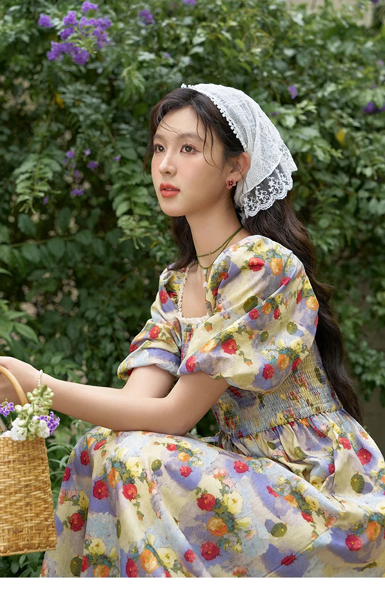 MISHOW Floral Smocked Midi Dresses for Women 2025 Summer Puff Short Sleeve Beach Vacation Beach French Retro Dress MXD24L1905