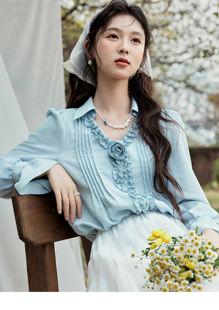 MISHOW Spring New Blouses for Women 2025 V-neck Long Flare Sleeve Solid Shirts Female Fashion Straight Tops Woman MXE14X1730