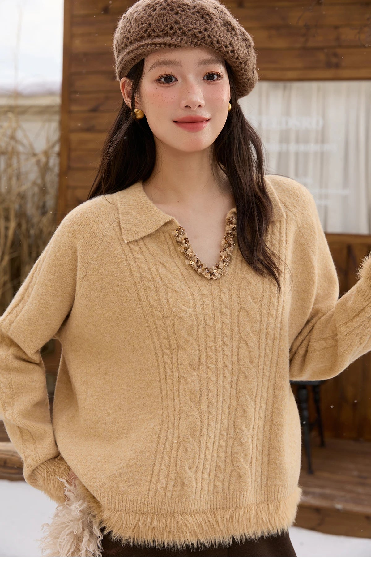 MISHOW Yellow Knitted Sweater for Women 2025 Winter New Long Sleeves Cable Plush Hem Stitching Casual Sweater Luxury MXE88Z2674