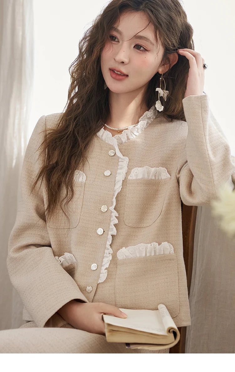 MISHOW French Fragrant Coat Solid Skirt Separately 2025 Spring Collar Pocket Splicing Lace Top Hem Split Back Skirt MXD12W0274