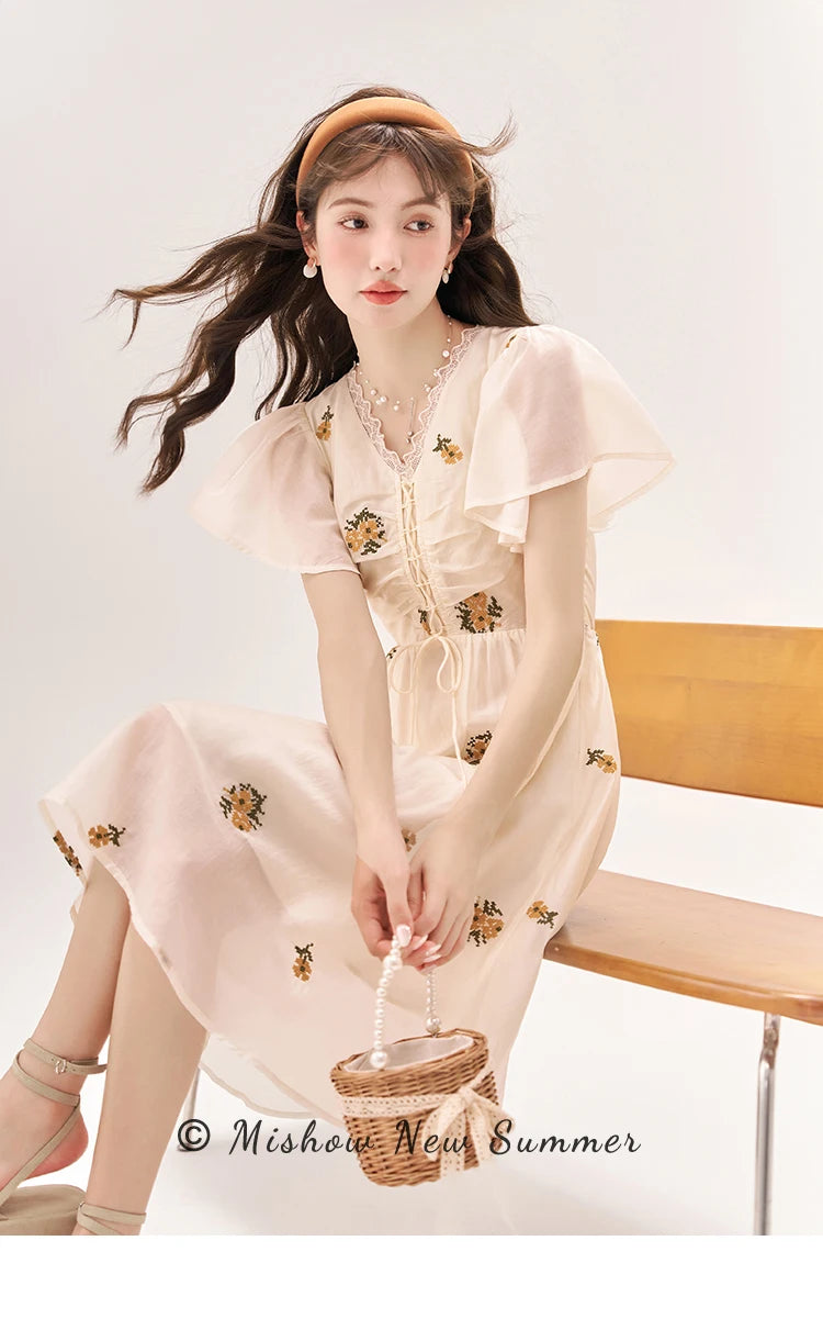 Mishow Van Gogh Sunflower Embroidered Butterfly Sleeve Dress MXC39L1524