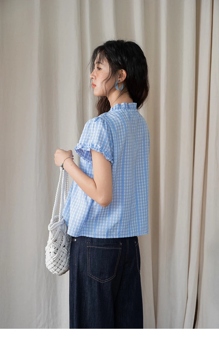 MISHOW Women's Plaid Blue Fake Two Piece Blouse 2025 Summer Fashion Puff Sleeve V-neck Lace Up Top Female Clothing MXE37X1901