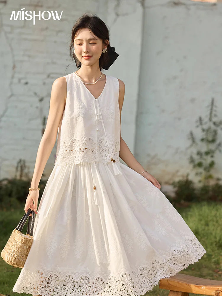 MISHOW 2 Pieces Set Woman Embroidery V-neck Hollow Lace Up Sleeveless Top Summer 2025 Slim Elastic Waist Skirt Set MXE33T0593