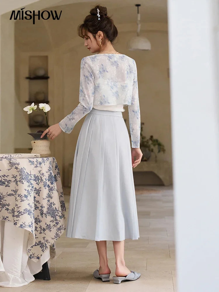 MISHOW Elegant Hollow Out Cardigan Camisole Skirt Separately Spring Lace Printing Short Cardigans Solid Pleated Skirt MXD12W0342