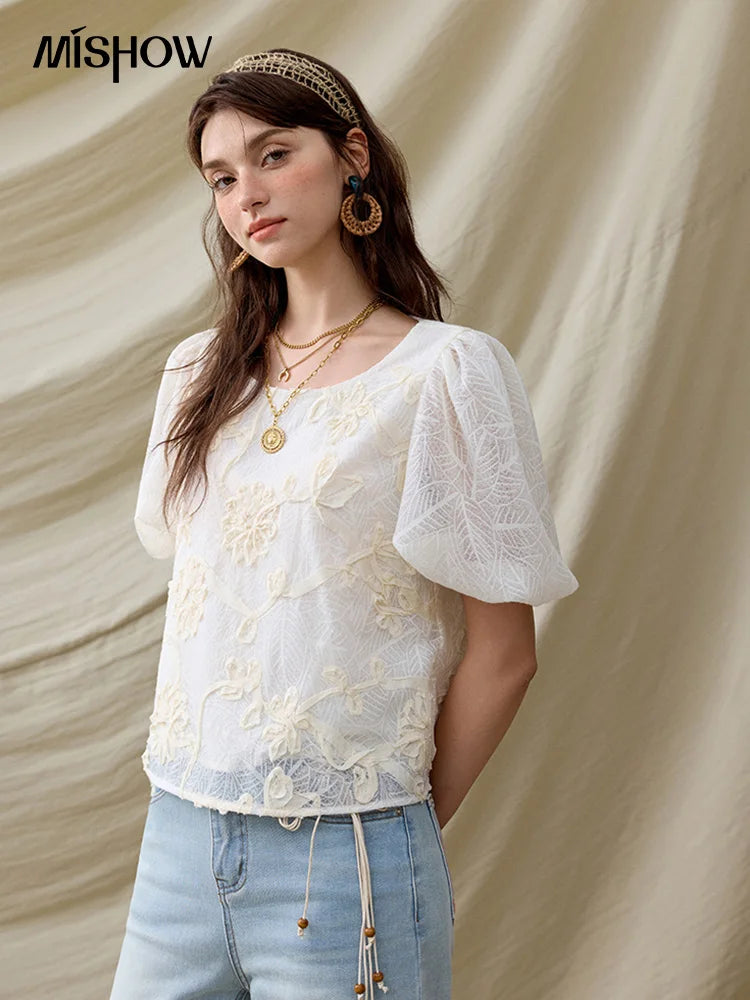 MISHOW French Summer Blouses Women New 2025 Short Puff Sleeve Round Neck Jacquard Flower Slim Shirts Woman Versatile MXE32X1772