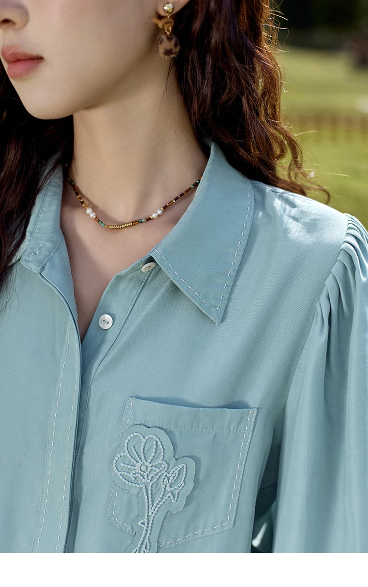 MISHOW Hong Kong Retro Solid Long Sleeve Shirt 2024 Autumn Temperament Loose Tops Lantern Sleeve Embroidery Shirts MXD41C0287