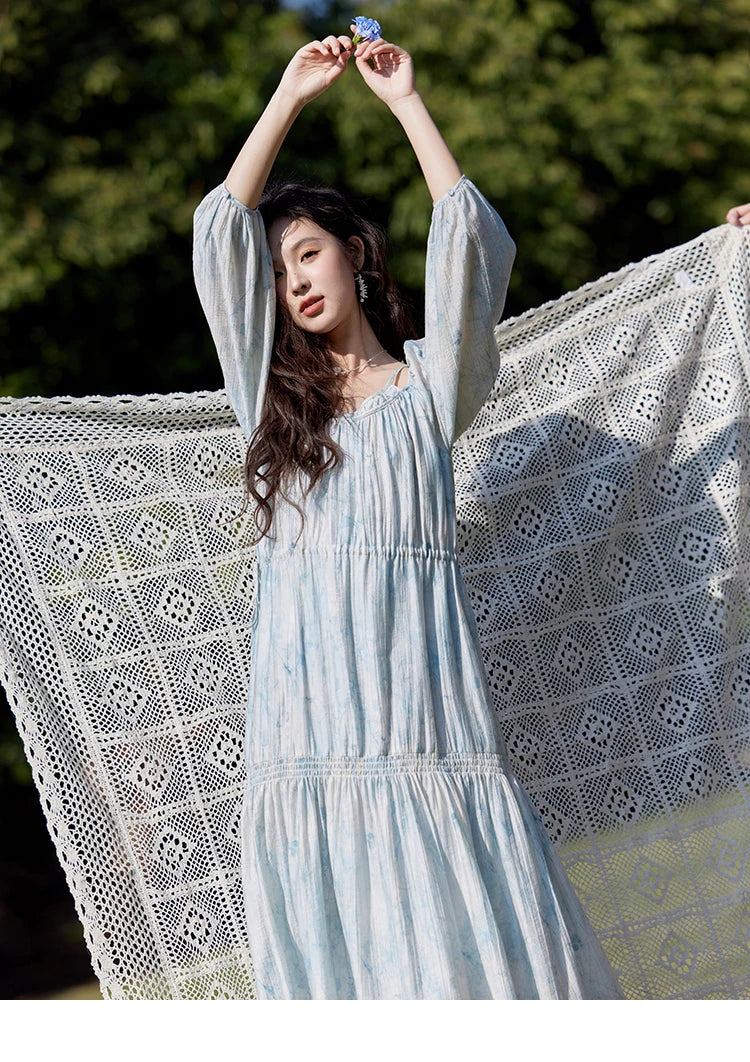 MISHOW Printed Blue Blending Chiffon Vacation Dress Spring 2025 Drawstring Waist Long Dress Lantern Sleeve Dresses MXE16L2114