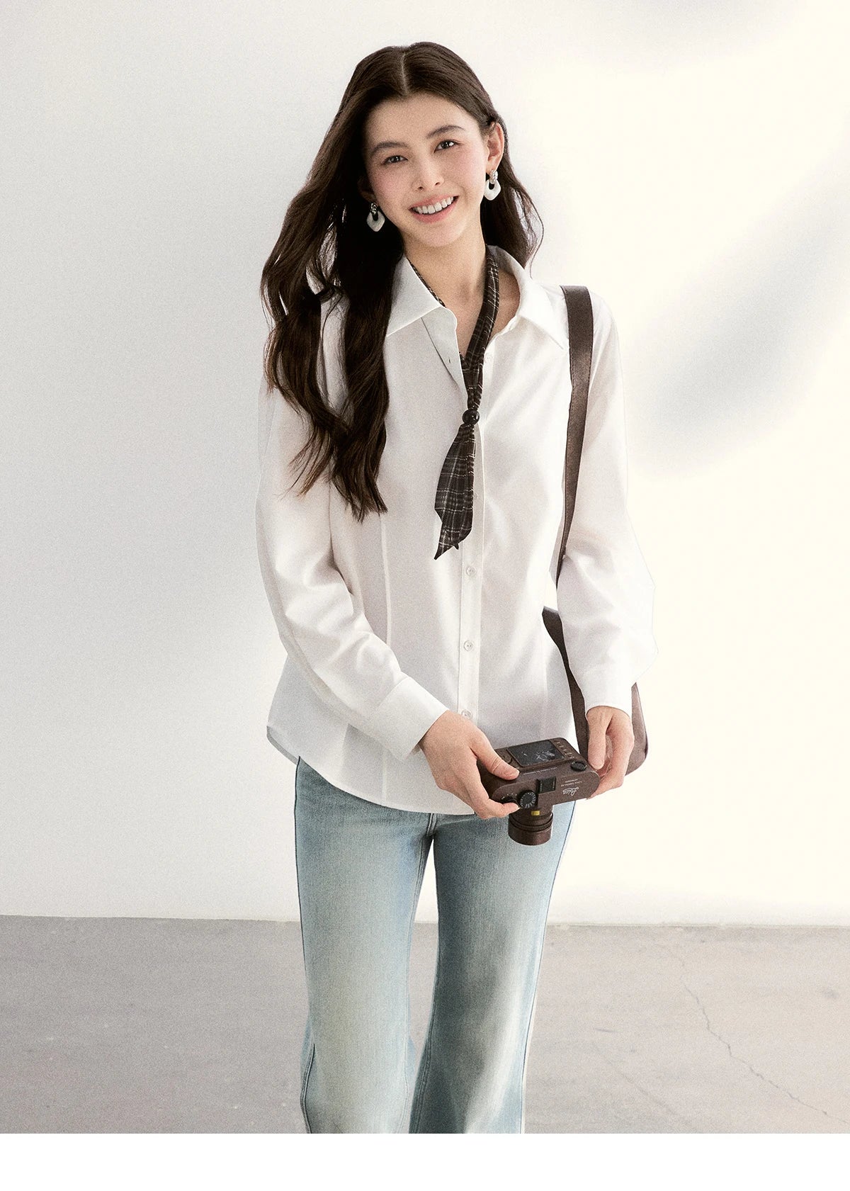 MISHOW Women's Casual Loose Shirt with Plaid Scarf 2026 Spring Lapel Tops Versatile Long Sleeve Shirts Office Lady MXF108C0815