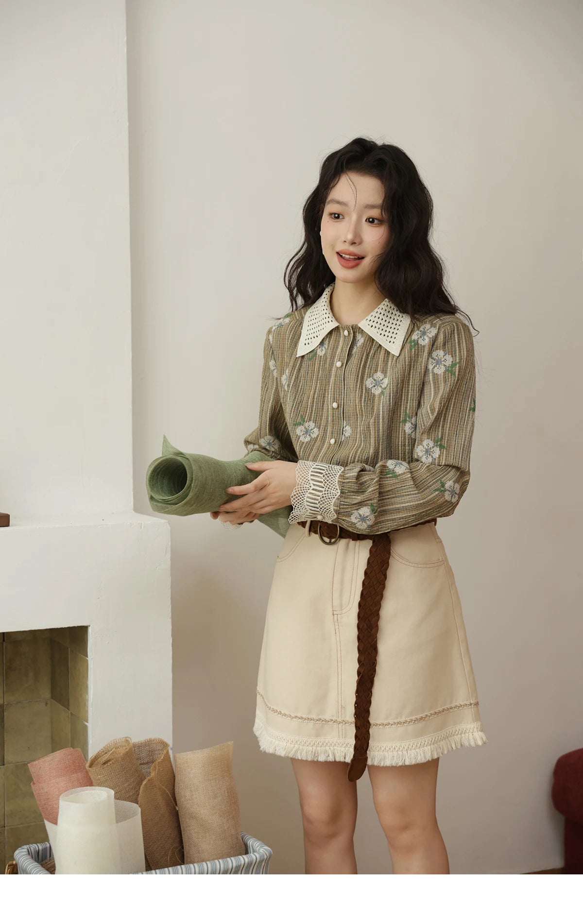 MISHOW Embroidered Shirt for Women Autumn 2025 Hollowed Out Woven Lapel Tops Lace Cuffs Vintage Long Sleeved Shirt MXE44C2393