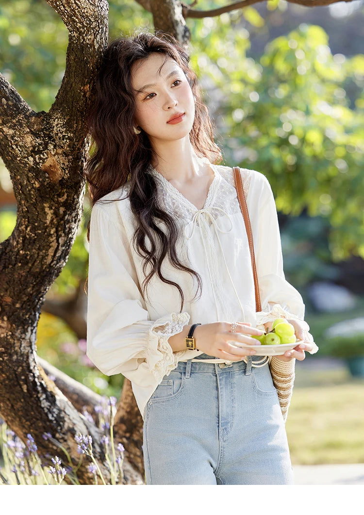 MISHOW Lace Patchwork Shirt for Women Spring 2025 V-neck with Fungus Edge Lace-up Chiffon Top Petal Sleeve Shirts MXE13X1713