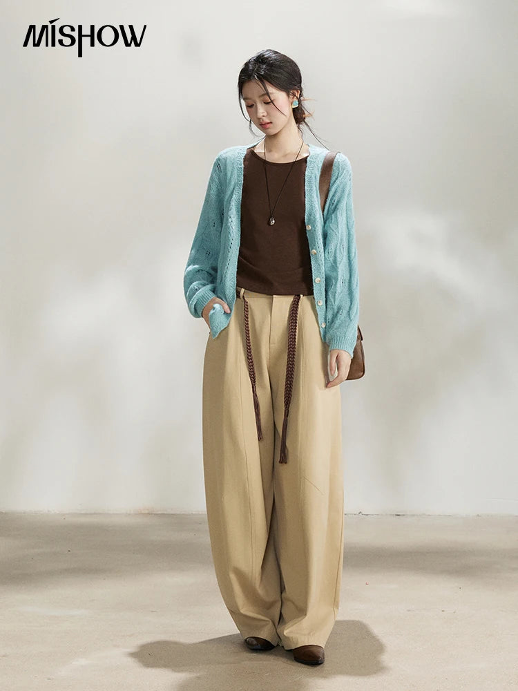 MISHOW Women's Blue Hollow Out Knit Cardigan 2026 Spring V Neck Wool Blend Tops Single Breasted Casual Thin Sweater MXF13Z2975