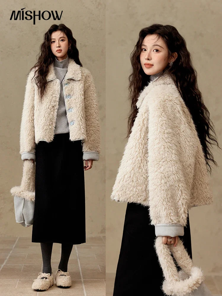 MISHOW Lamb Wool Jacket Women Suede Plush Thick Coat Spliced Turn-Down Collar Sweet Soft Senior Jacket Office Lady MXD59W0753