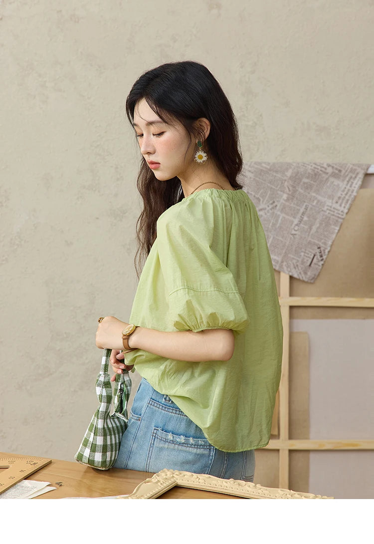 MISHOW Women's Round Neck Blouse 2025 Summer New Fashion Lace Up Puff Sleeve Casual Chiffon Top Ladies Clothing MXE36X1875