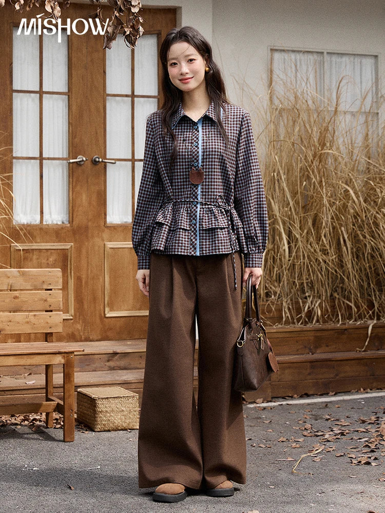 MISHOW Retro Blue Plaid Shirt for Women 2025 Autumn Winter Lapel Lantern Sleeves Ruffled Hem Top Slim Casual Shirt MXE89C2420