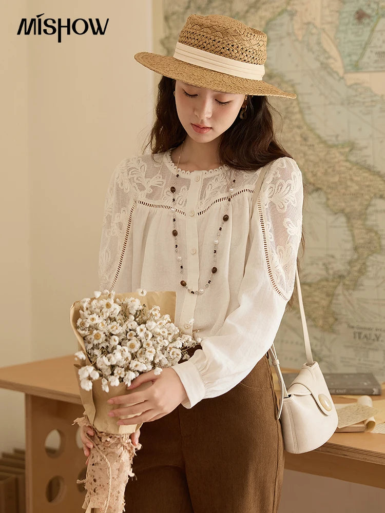 MISHOW Women's Beige Hollow Out Embroidery Shirt Autumn French Elegant Long Sleeve O-Neck Shirts Retro Commute Tops MXE44X2498
