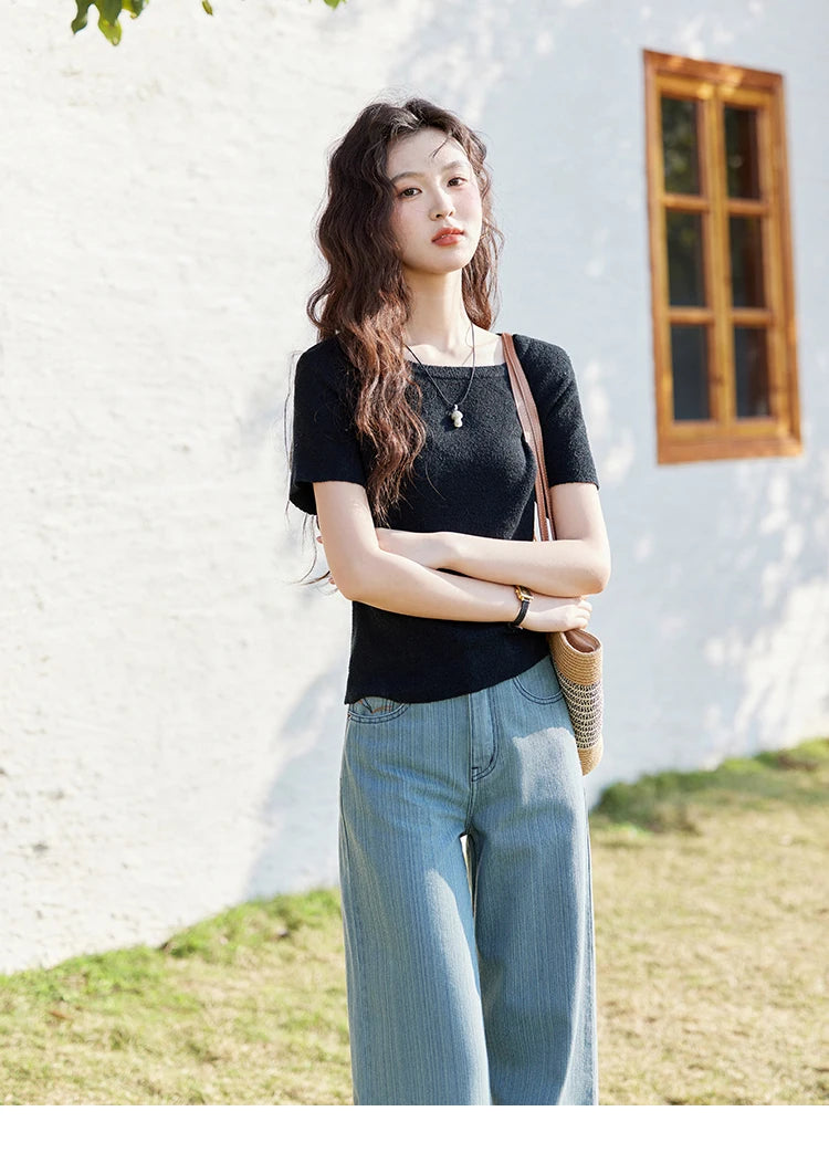 MISHOW Women's Short Sleeved Knitted T-shirt Spring 2025 Korean Minimalist Back Hollowed Out Pearl Buckle Design Tees MXE13Z1072