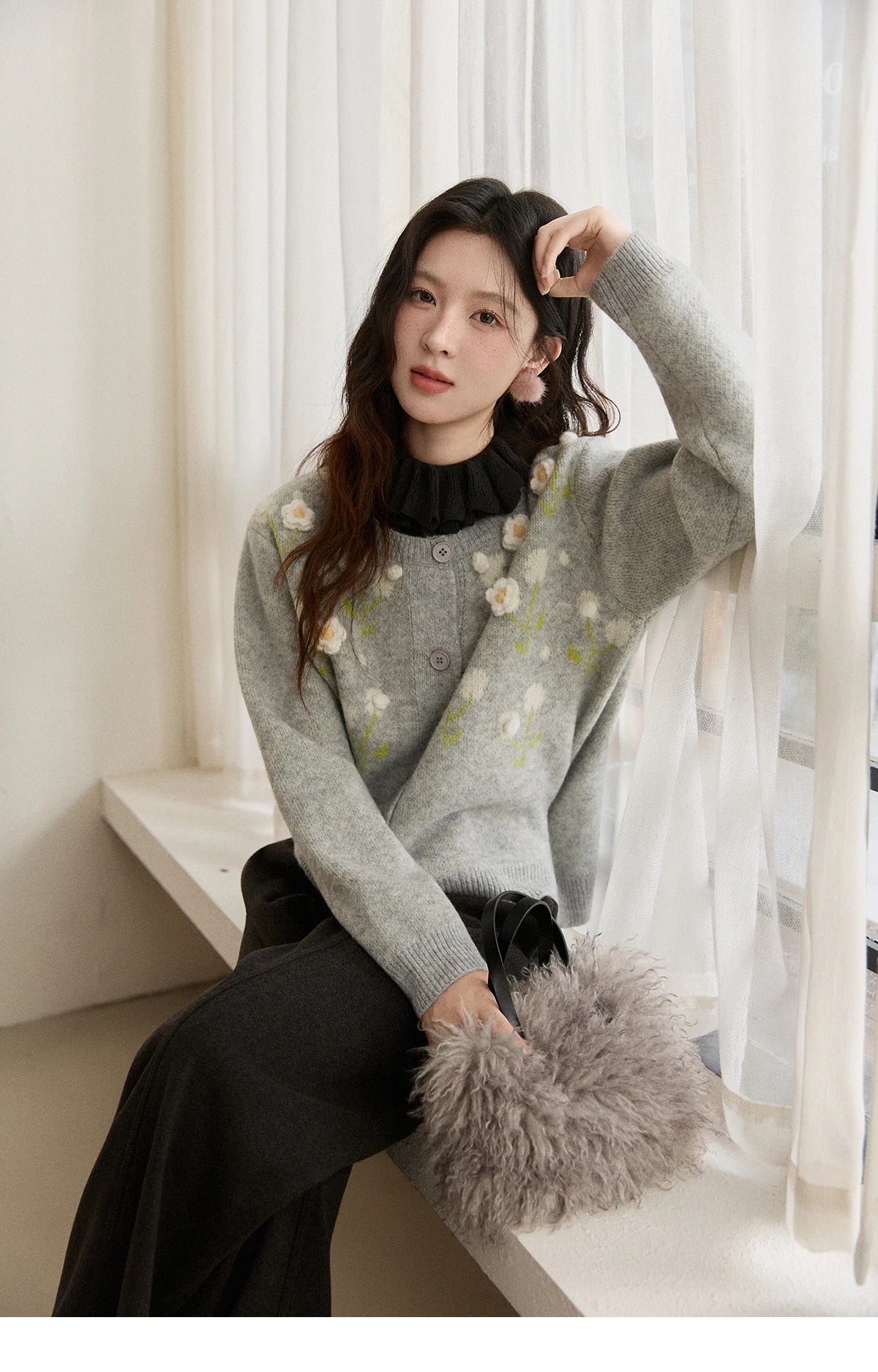 MISHOW Women's Gray Knitted Cardigan 2025 Winter Flower Embroidery Round Collar Single-breasted Warm Slim Sweaters MXE91Z2836