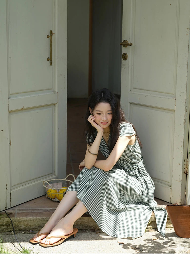 MISHOW Women's Fashion V-neck Dress 2025 Summer Office Lady Plaid Waist Cinched Sashes Short Sleeve Female Dresses MXE39L2410