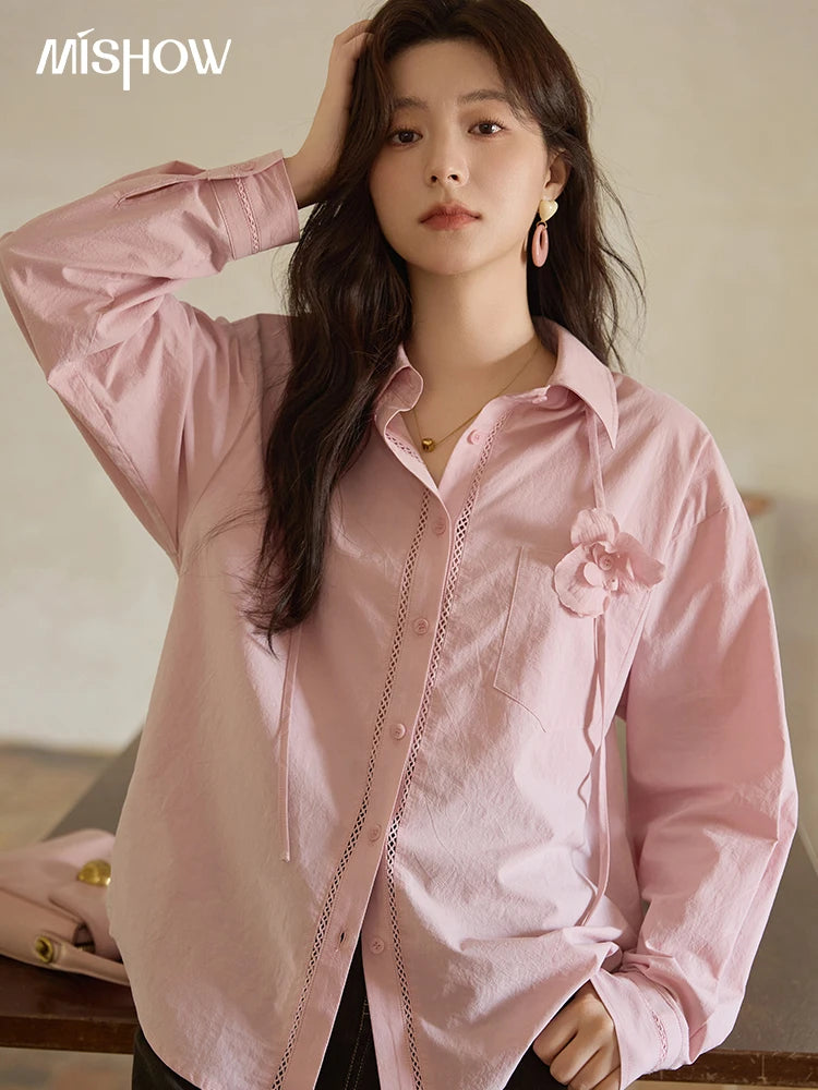 MISHOW 100% Cotton Shirt For Women Autumn 2025 New Fashion Petal Ribbon Button Long Sleeves Shirt Women's Clothing MXE41C2349