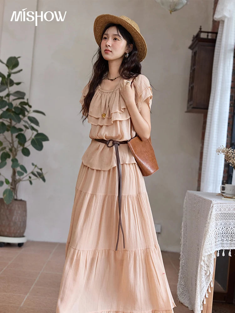 MISHOW Women Fashion Two-Piece Set 2025 Summer Loose Lotus Leaf Edge Off Shoulder Top Elastic Waist Skirt Ladies Set MXE36T0637