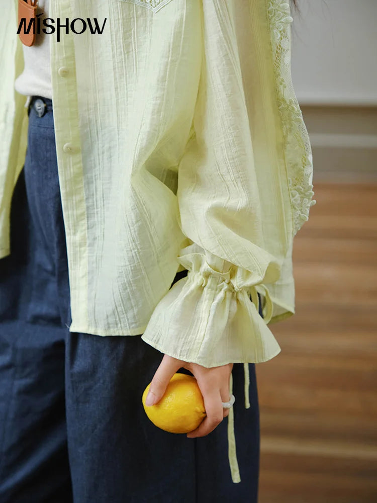 MISHOW Blend Patchwork Lace Cool Shirt Female Autumn 2025 Korean Loose Lapel Drop Sleeve Shirts Drawstring Cuffs Top MXE31C0789