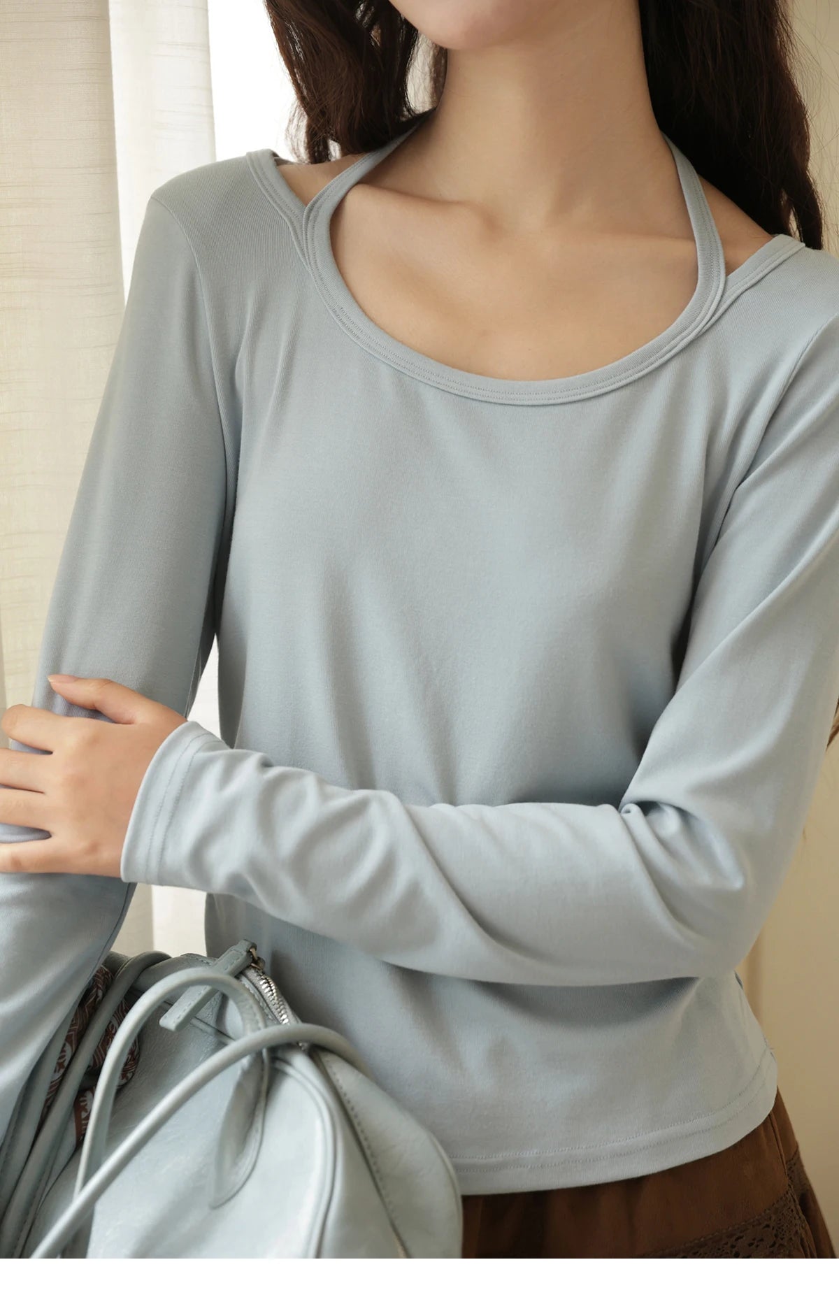 MISHOW Elastic Knitted T-shirts for Women Autumn 2025 Hanging Neck Strap Tees Pleated Waist Slim Long Sleeved Top MXE42T0720