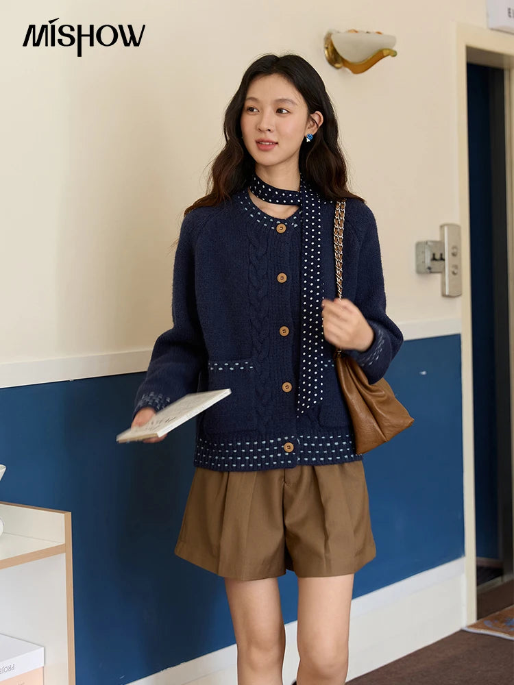 MISHOW Women's Cardigan 2025 Autumn Winter Yellow Cable Knit Cardigan Hand-Drawstring Design Commuter Short Jacket MXE47Z2566