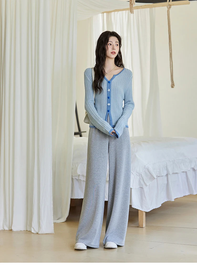 MISHOW Wool Blend Blue Contrasting Knitted Top 2025 Spring Slim Fit Base Sweater Women V Neck Shell Button Sweet Tops MXE14Z1184