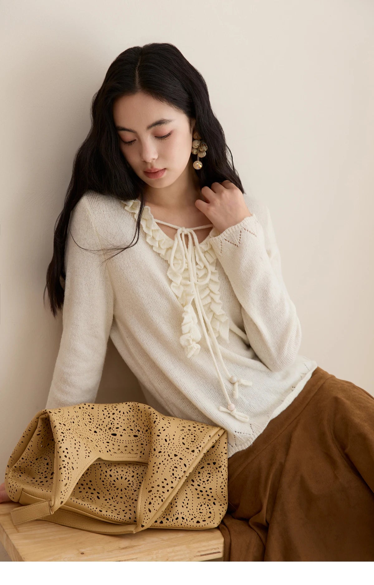 MISHOW Women Long Sleeve Tees 2025 Autumn New V-neck Wood Ear Hollow Out Knitted Sweater Women's Beige Wool Top MXE51Z2595