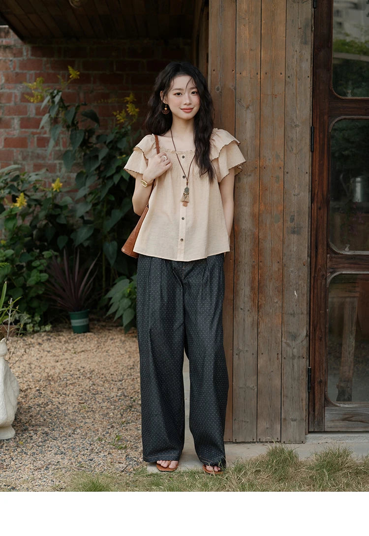 MISHOW Women's Fashion Butterfly Sleeve Blouse Summer 2025 New Loose Casual Square Neck Button Top Women's Clothing MXE37X1854