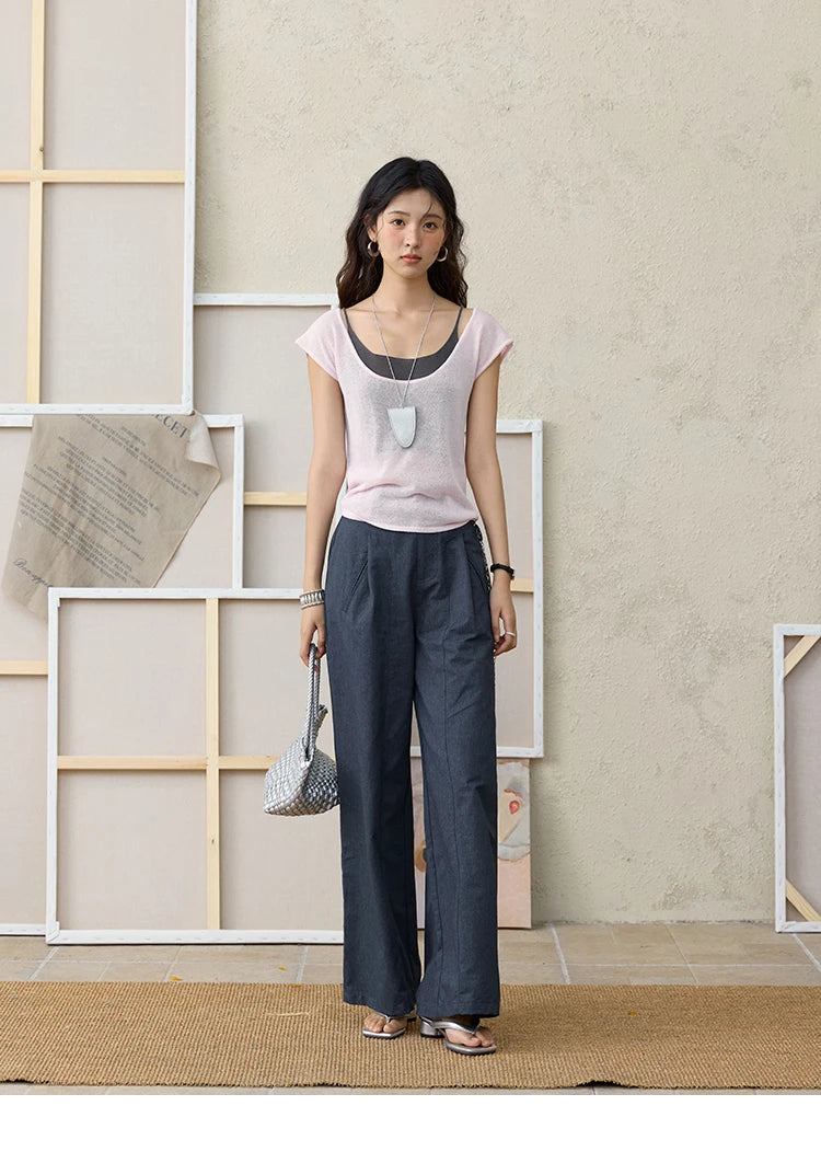 MISHOW Women's Linen Short Sleeve T-shirt 2025 Summer Contrast Color Fake Two-piece Knitted Top Thin Cool Casual Tees MXE36Z1277