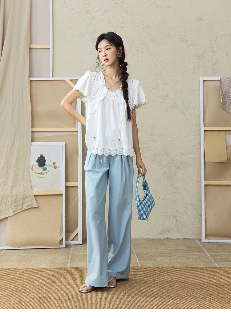 MISHOW Sea Salt Blue Wide Leg Pants 2025 Summer Contrasting Bead Belt Cotton Blend Trousers Slim Commuting Pants MXE35K0931