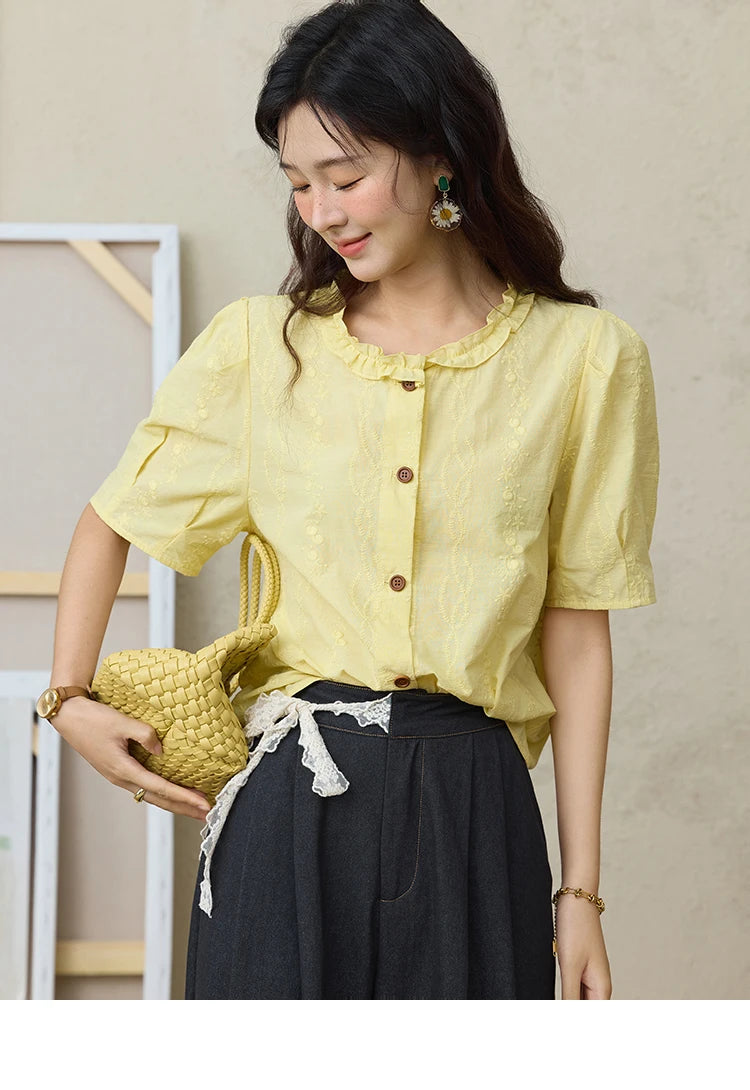 MISHOW 100% Cotton Women's Puff Sleeve Shirt 2025 Summer New Fashion Round Neck Button Top Casual Female Clothing MXE36X1873