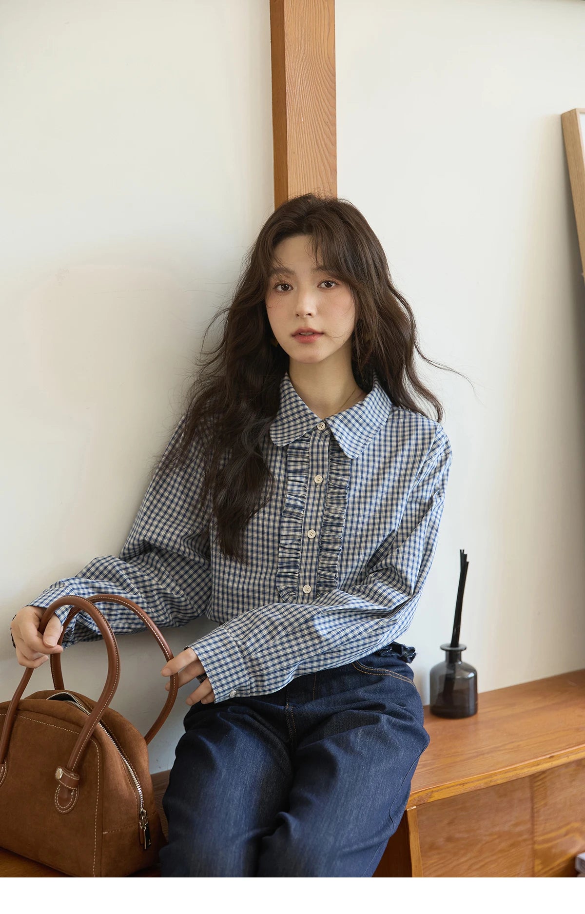 MISHOW Autumn Blue Plaid 100 Cotton Shirts 2025 Doll Collar Dropped Shoulder Sleeves Casual Top Retro Commuter Shirt MXE44C2391