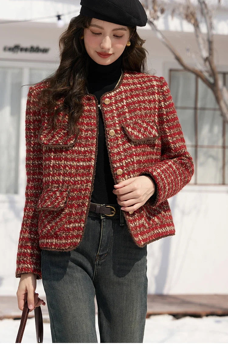 MISHOW Tweed Jacket for Women Luxury 2025 Winter Wool Blend Thick Coat High Quality Fashion Crew Neck Outerwear Top MXC57Y0021
