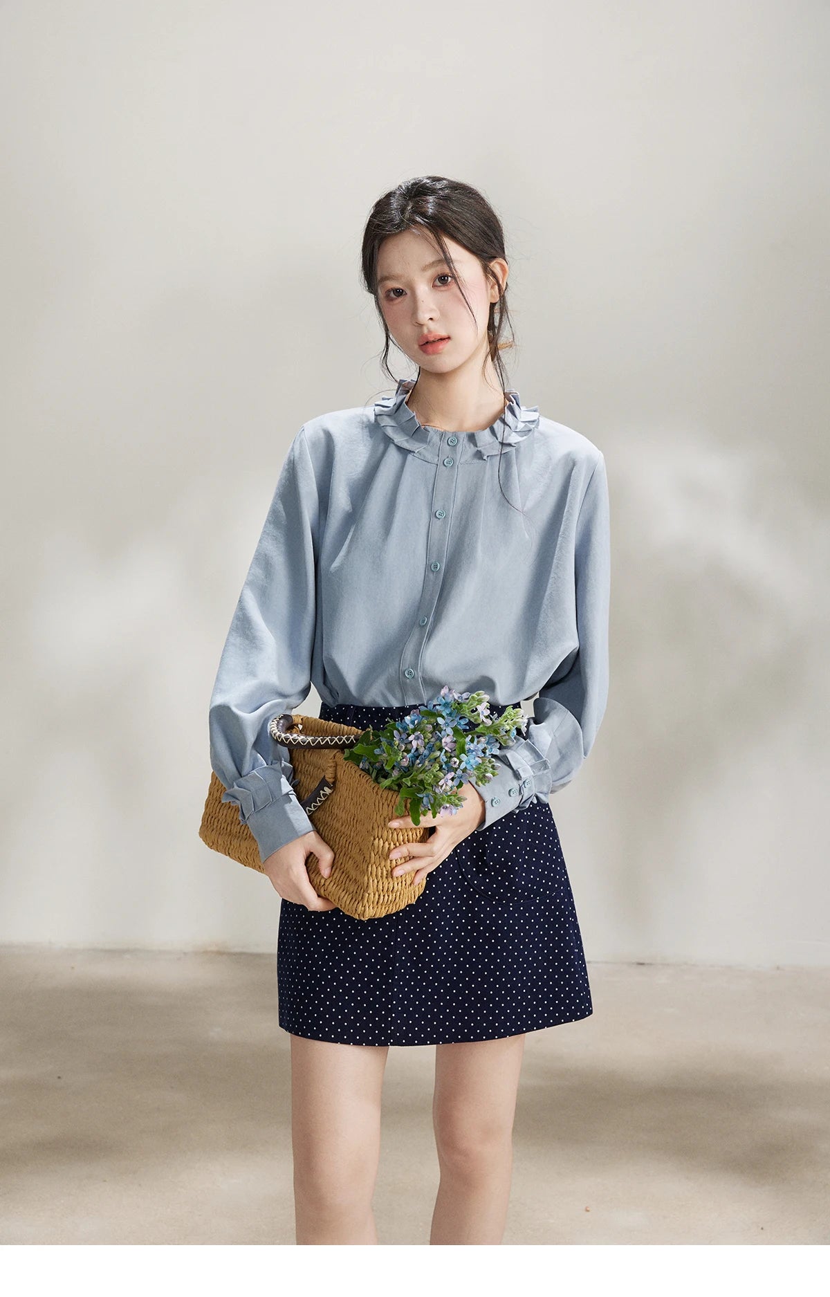 MISHOW Women's Peach Skin Solid Shirt 2026 Spring Ruffled Crew Neck Single-breasted Tops Casual Long Sleeve Shirts MXF11C2431